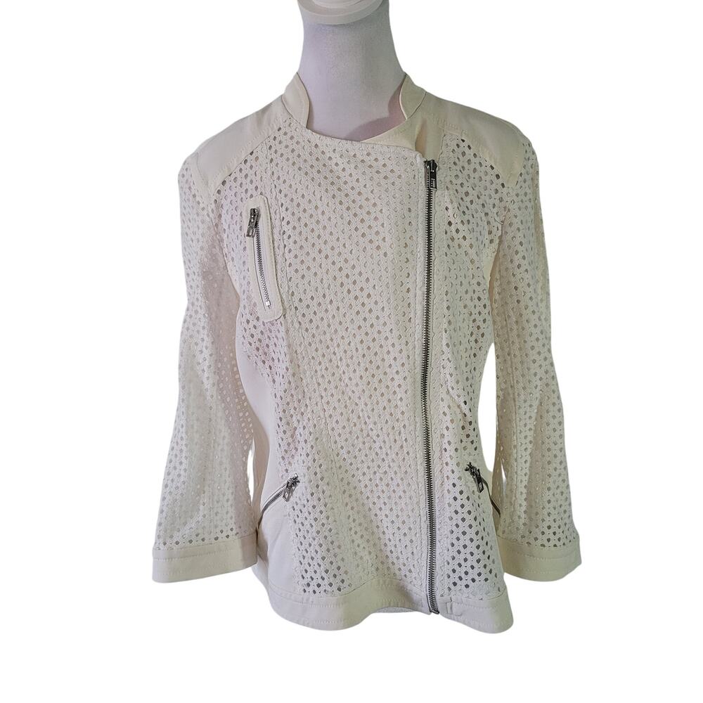 Chico's Size 2 US L Diamond Mesh Moto‎ Jacket White Layer Mature Office Zipper